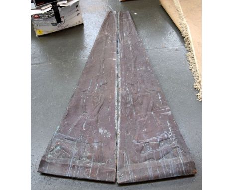 A pair French of beaten copper panels depicting kneeling girls bearing torches, possibly from a clock case, each 168cmH