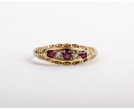 A Victorian 18 carat gold ruby and diamond ring, stamped with Birmingham hallmarks, ring size L, 4g