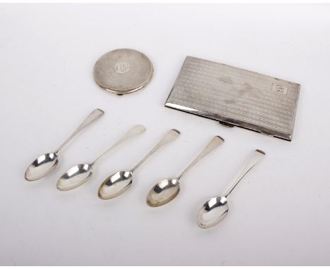 A sterling silver cigarette case 214g together with a sterling silver compact case plus 5 tea spoons 68g