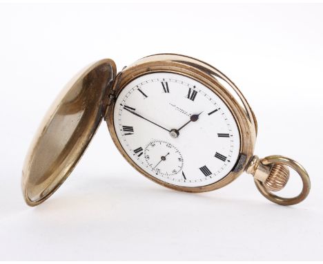 A gold plated full hunter pocket watch by Thomas Russel and Son, Liverpool. Crown wind with enamel face