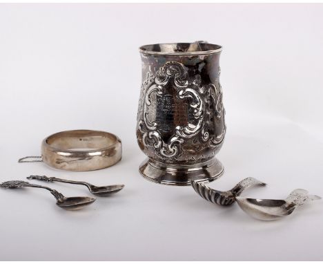 A sterling silver Lodge Presentation mug with later acanthus leaf decoration and inscription from 1872 - 194g together with 4