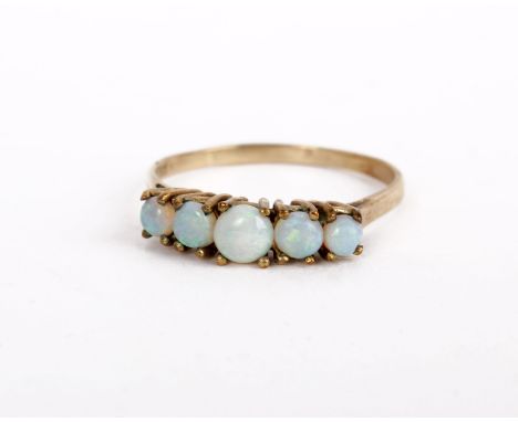 A 9ct gold opal ring set with five circular cabochon opals, stamped 375 with Sheffield hallmarks, ring size R, 1.7g