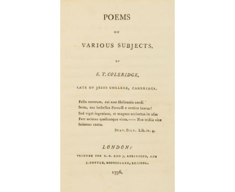 Coleridge (Samuel Taylor) Poems on various subjects, first edition, errata and advertisement leaves at end, lacking half-titl