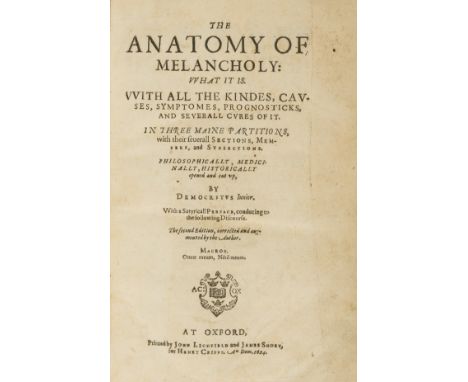 Burton (Robert) The Anatomy of Melancholy... by Democritus Junior, first folio edition, woodcut device on title, woodcut init