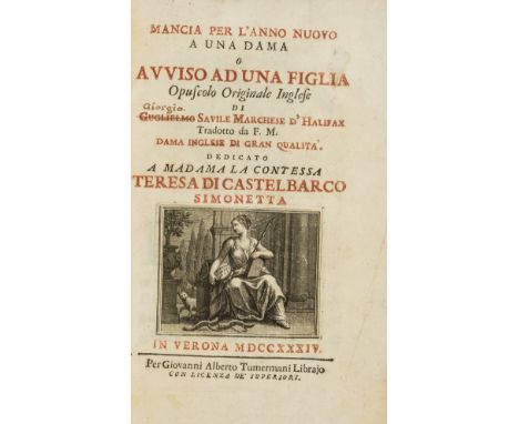 [Savile (George, Marquess of Halifax)] Mancia per l'Anno Nuovo a Una Dama o Avviso ad una Figlia..., first edition in Italian