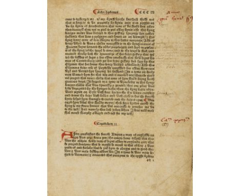 Caxton.- Higden (Ranulphus) [Polychronicon], single leaf (CCClv) from the first edition, lettre batarde, 40 lines and headlin