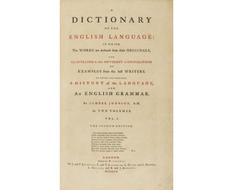 Johnson (Samuel) A Dictionary of the English Language, 2 vol., second edition, titles printed in red and black, titles laid d