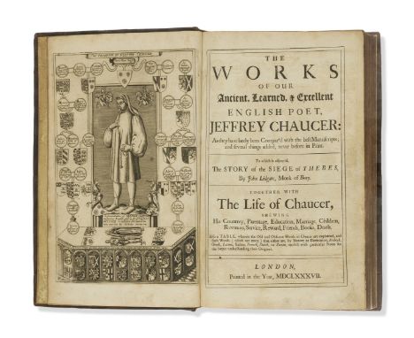 Chaucer (Geoffrey) The Works, largely printed in black letter, double column, engraved portrait frontispiece, c1 (mis-signed 