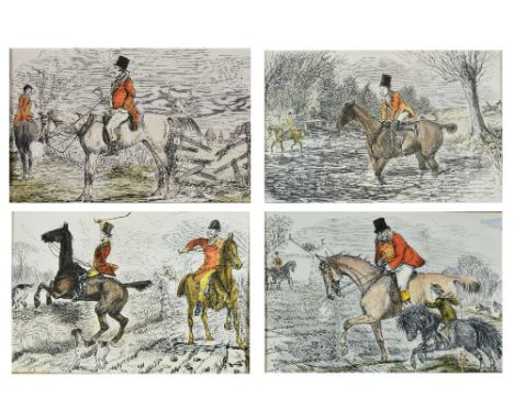 19th Century School A set of four hunting scenes, coloured engravings, each in walnut frames, each 22cm x 28cm (including fra