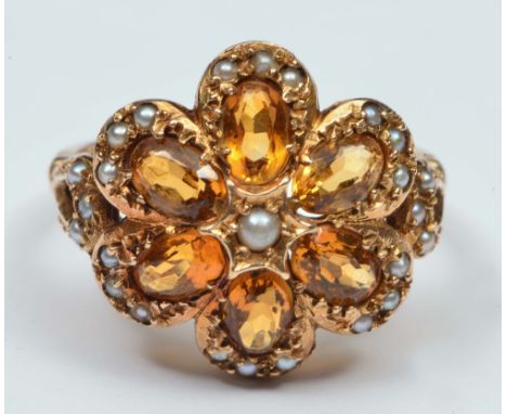 Victorian 9ct gold ring with yellow stone and pearl settings