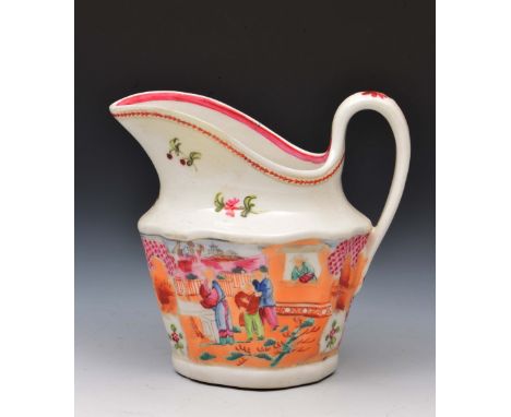 New Hall cream jug circa 1790-1800, decorated in polychrome enamels showing an Oriental interior scene, pattern 425, 11cm hig