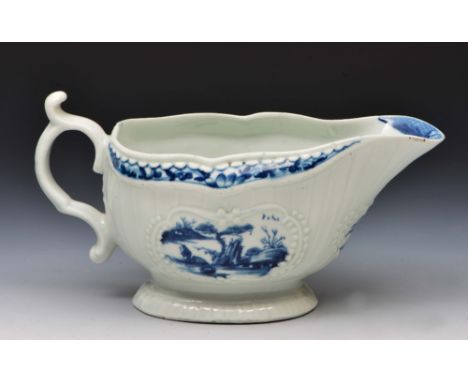 Worcester blue and white sauce boat circa 1758-1765, decorated in underglaze with the fishermen pattern, with workman's mark 