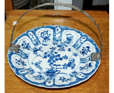 Chinese blue and white porcelain dish  with later silver metal mounted handle having panels of flowers, Kangxi (1622-1722), 2