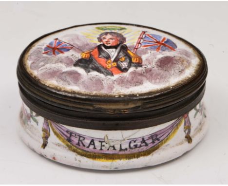 South Staffordshire oval enamel snuff box with painted study of Nelson to the top and with swag to the sides inscribed Trafal
