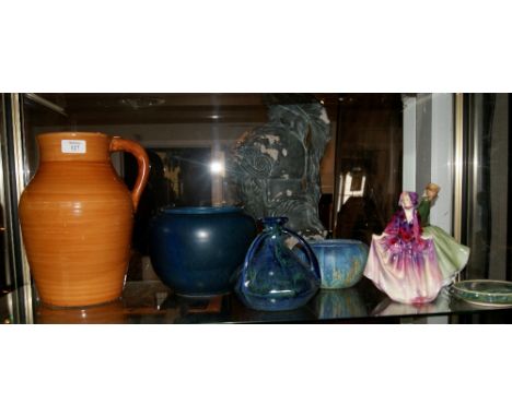 Clarice Cliff Bizarre large jug 29cm, a Bretby bowl, two Doulton figures, Sweet Anne HN1496, Grace and two other pieces
