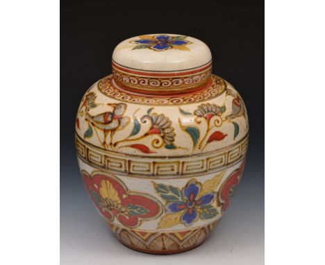 Japanese satsuma ovoid jar and cover  with inner lid having designs of birds and foliage, circa 1920, 25cm