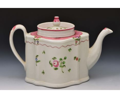 New Hall teapot circa 1795, in the silver shape, decorated in polychrome enamels with a pink scale edge, 14.5cm high