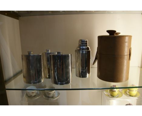 Leather cased carrying Britannia metal thermos and hip flask set in original leather case