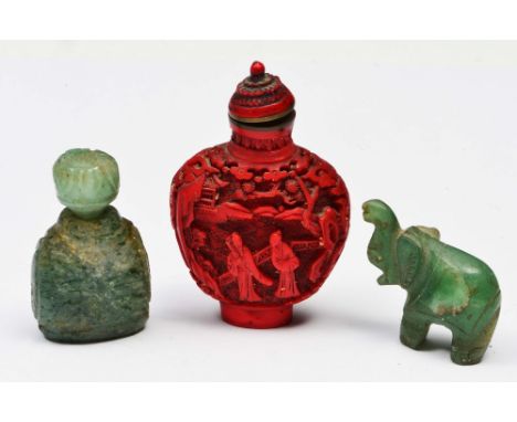 Resin snuff bottle with relief decoration, together with a modern jade figure of an elephant and a modern jade snuff bottle