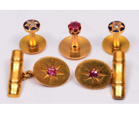 Pair of 22ct gold cufflinks with ruby settings 8g, together with an 18ct gold stud with ruby setting and a pair of cufflinks 