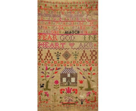 18th Century needlework sampler circa 1720, Fear God In Heart, showing a house surrounded by floral pattern, 53cm x 30cm