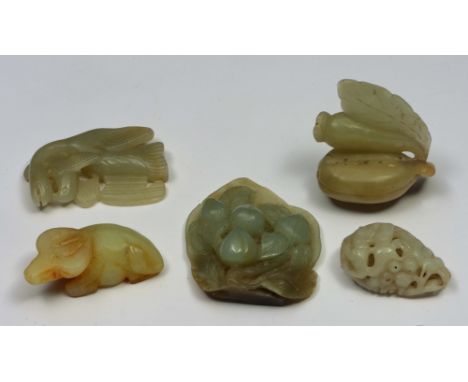 Chinese white jade pendant depicting a creature with berries, another as a mythical bird, two other fruit bunches and a small
