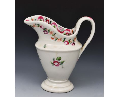 New Hall cream jug circa 1790-1800, pattern 186, of conical shape, decorated in polychrome enamels with pink ribbons, 11.5cm 