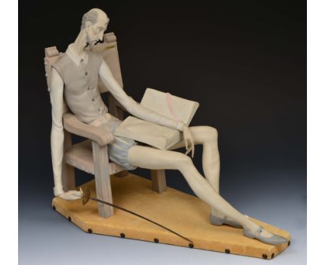 Lladro figure of a man seated on a chair with an open book and sword in his hand, 36cm high