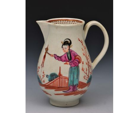 Worcester sparrow beak cream jug circa 1770, decorated in polychrome enamels showing Oriental figures, 9cm high