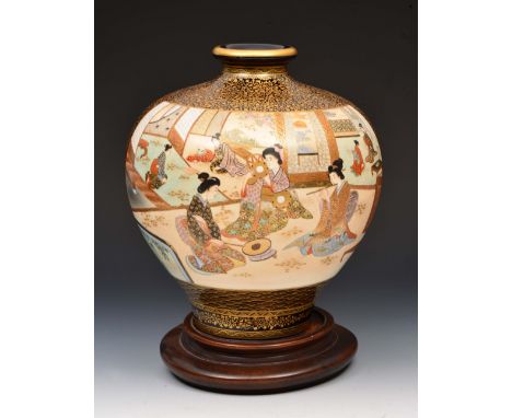 Large Japanese satsuma ovoid vase circa 1900, Geisha in an interior playing musical instruments with associated hardwood stan