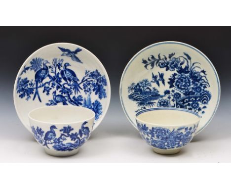 Two Worcester blue and white tea bowls and saucers circa 1770-1780, both decorated in underglaze with birds and foliage, all 