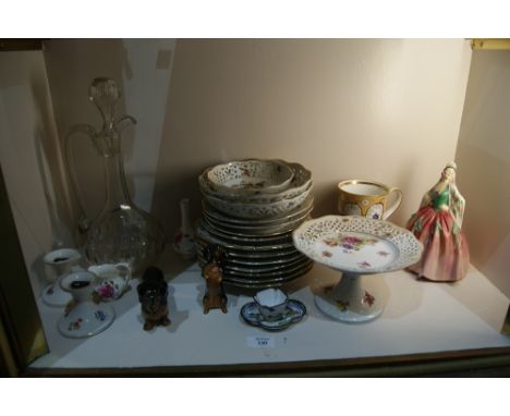 Collection of china  to include a Dresden style fruit set, a Doulton figure Modina HN1846, a tankard, a glass decanter and a 