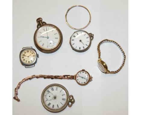 Small collection of silver and other pocket watches mostly a/f, together with a 9ct gold ladies wristwatch with enamel dial, 