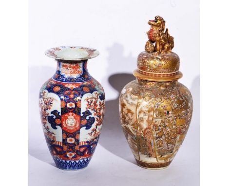 Large Satsuma vase and cover  with dog of fo finial and panel decoration of figures, 59cm high and a Japanese Imari vase 46cm