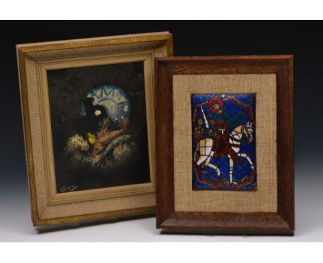 French enamel plaque painted with St Martin, 16.5cm x 11.5cm and an Italian painted study of fish (2)