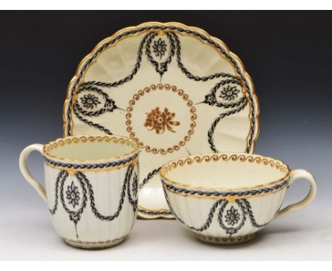 Worcester porcelain trio circa 1780, decorated with gilding and enamels in the black husk pattern, saucer 13.5cm diameter