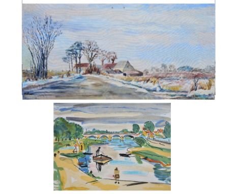 20th Century School French farm house, indistinctly signed, oils on canvas, 45cm x 86cm and a pencil signed French lithograph
