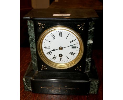 Edwardian black slate mantel clock with coal marble decoration, enamel dial and eight day movement