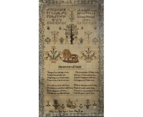 19th Century needlework sampler by Mary Ann Bird, age 9, dated May 17th, 1828, showing a poem 'the Sorrows of Youth', 55cm x 