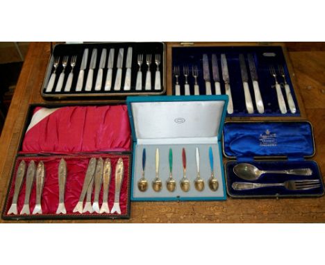Five cased sets of silver spoons etc including a cased silver christening set, a set of six Georg Jensen spoons with coloured