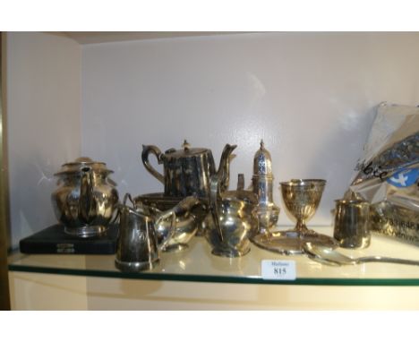 Large quantity of miscellaneous silver plated wares including a teaset, a caster, a teapot, cake spoons, flatware etc