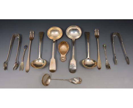 Pair of silver pickle forks together with a collection of four silver sauce ladles in various styles, 274 grams, together wit