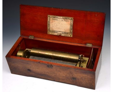Nicole Freres music box ,in a mahogany case playing six airs and stamped Nicole Freres a Geneve and with original paper label