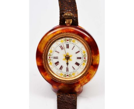 Continental 14k gold fob watch with engraved and enamelled case and white enamel dial