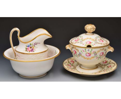 Derby sauce tureen and stand and a Spode jug and basin set circa 1820, the Derby decorated with enamels and gilding in the Ro