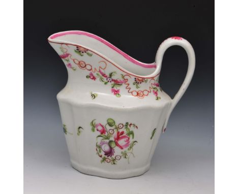 New Hall cream jug circa 1785-1795, pattern 195, decorated in polychrome enamels with a complex border of iron red strings an