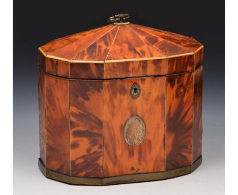 George III tortoiseshell tea caddy with ivory inlay and handles, circa 1780, 15cm wide, 14cm high