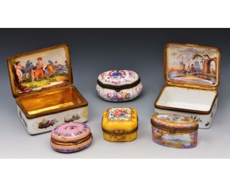 Two continental porcelain, possibly German, snuff boxes each with interior painted lids, 18th/19th Century and four other por