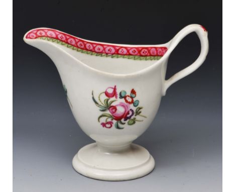 New Hall cream jug circa 1785, pattern 140, helmet shaped, decorated in polychrome enamels with a simple flower pattern to bo