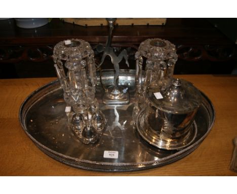 Large silver plated tray of oval form with pierced decoration, together with a Victorian biscuit barrel, a stylised condiment
